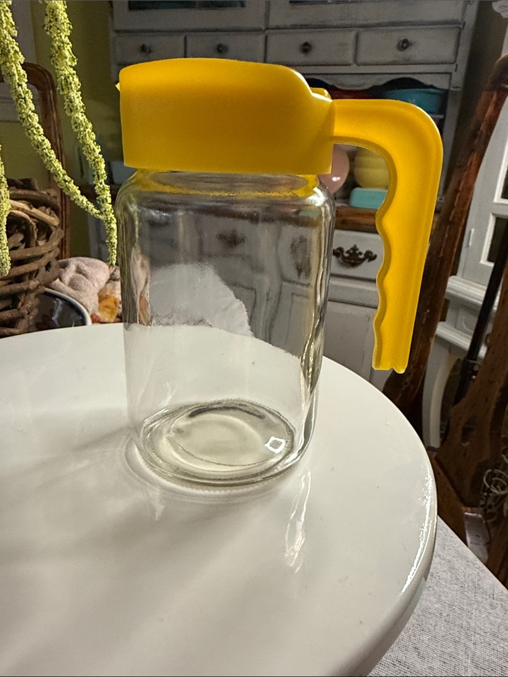 Vintage Glass Pitcher creamer syrup with Bright Yellow Plastic Lid and Handle